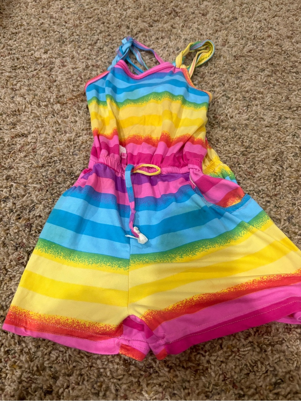 Nannette Rainbow Striped Sleeveless Romper - Pink, Yellow, Blue